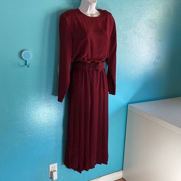 Talbots Womens 12 Vintage 1980’s Midi Houndstooth Check Red & Black Belted Dress - Picture 13 of 15